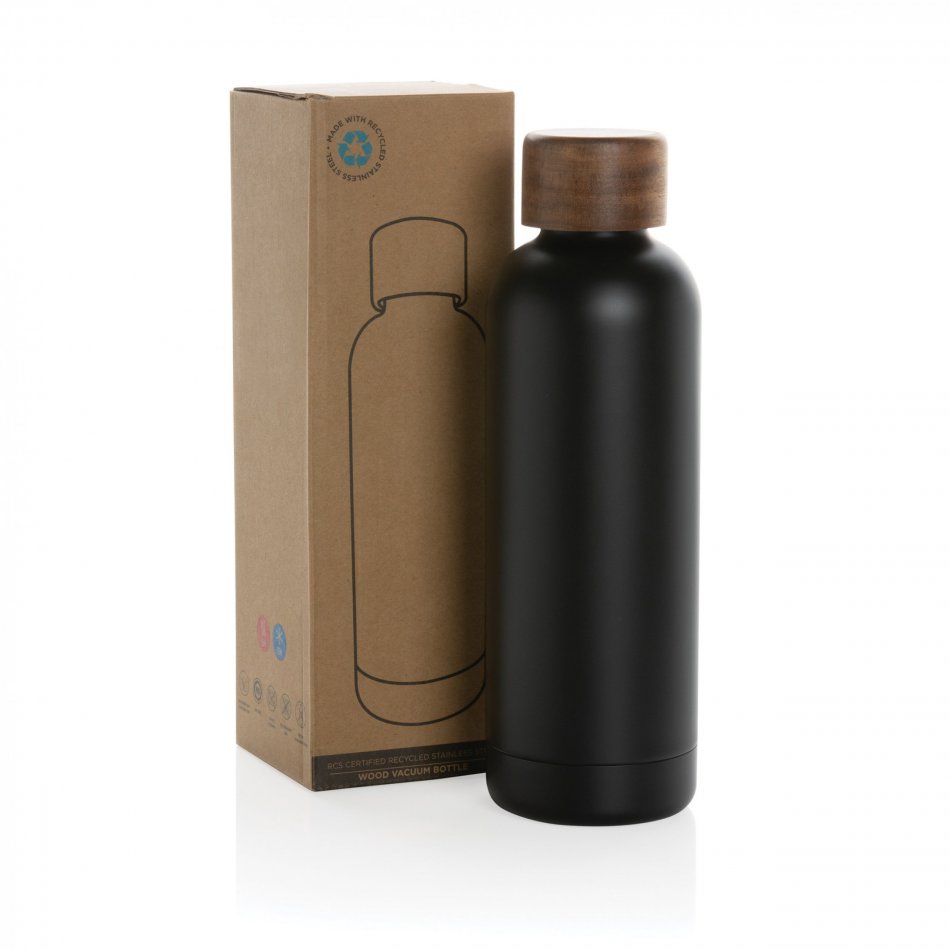 Wood RCS-gecert.e gerecycled rvs vacuümfles zwart